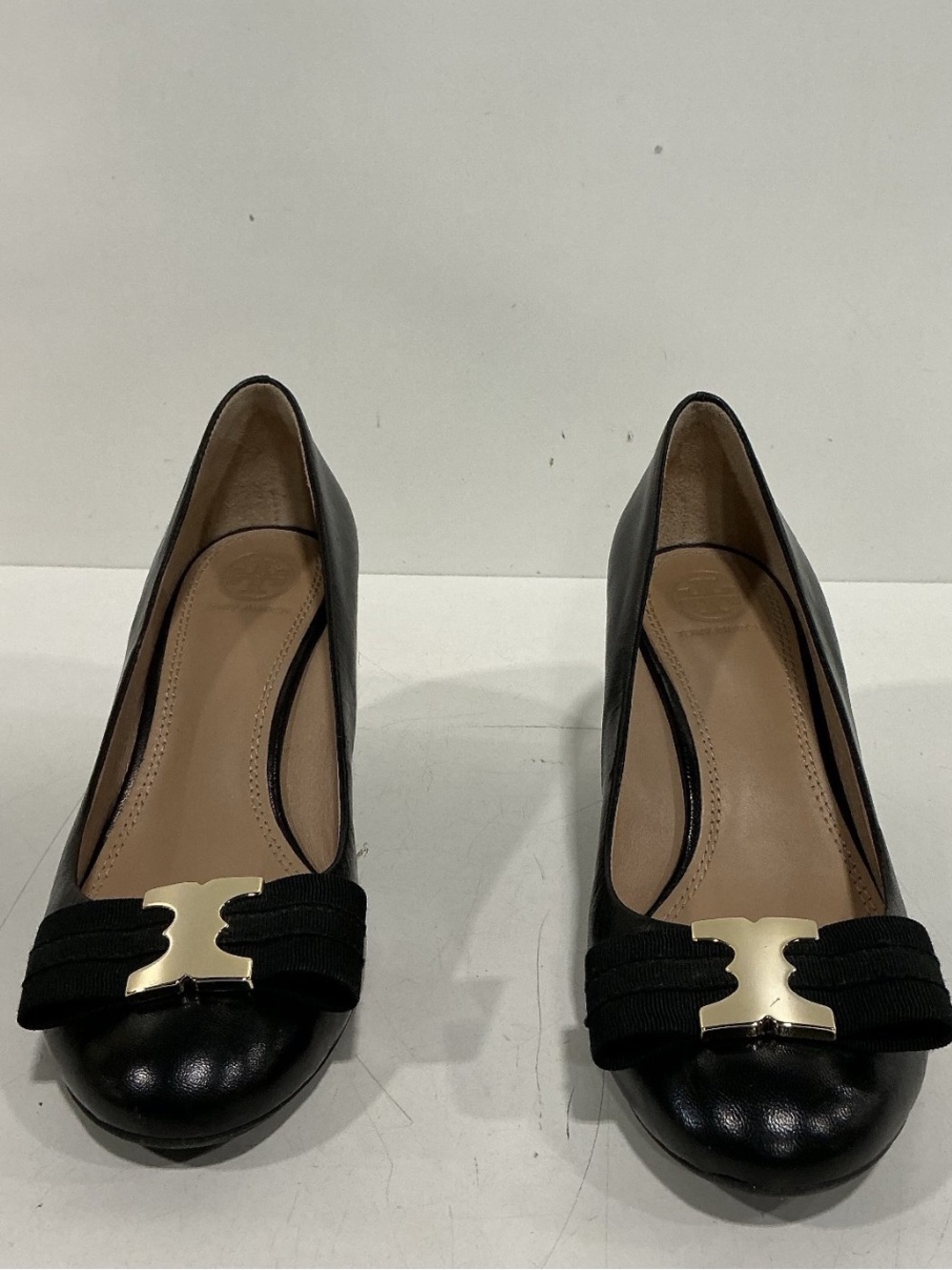 Tory Burch Black Leather Women's Wedge Heels with Gold Accent Size 7M